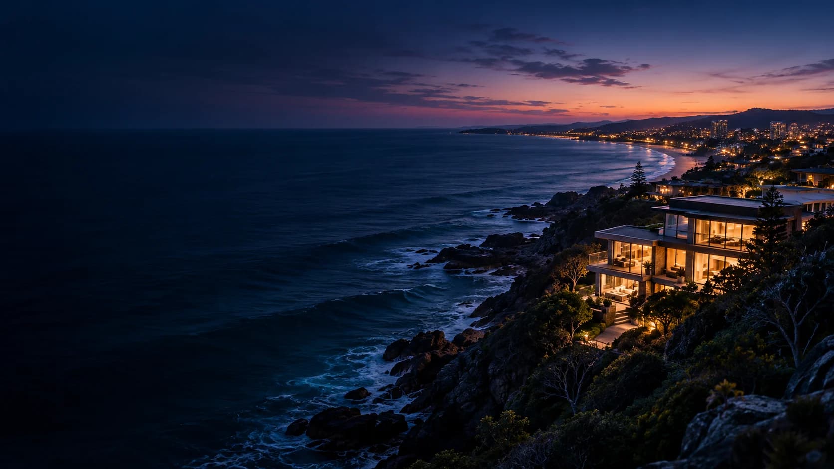 Coastal homes and a calm bay at dusk, an atmospheric illustration.