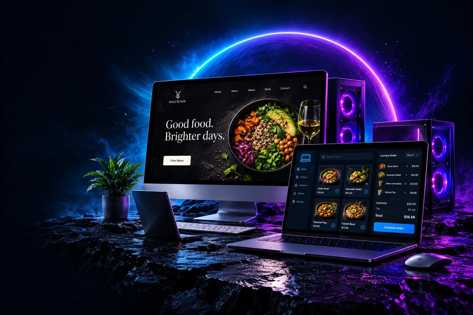 A professional desktop workstation and laptop displaying a connected Nourish website and business software demo.