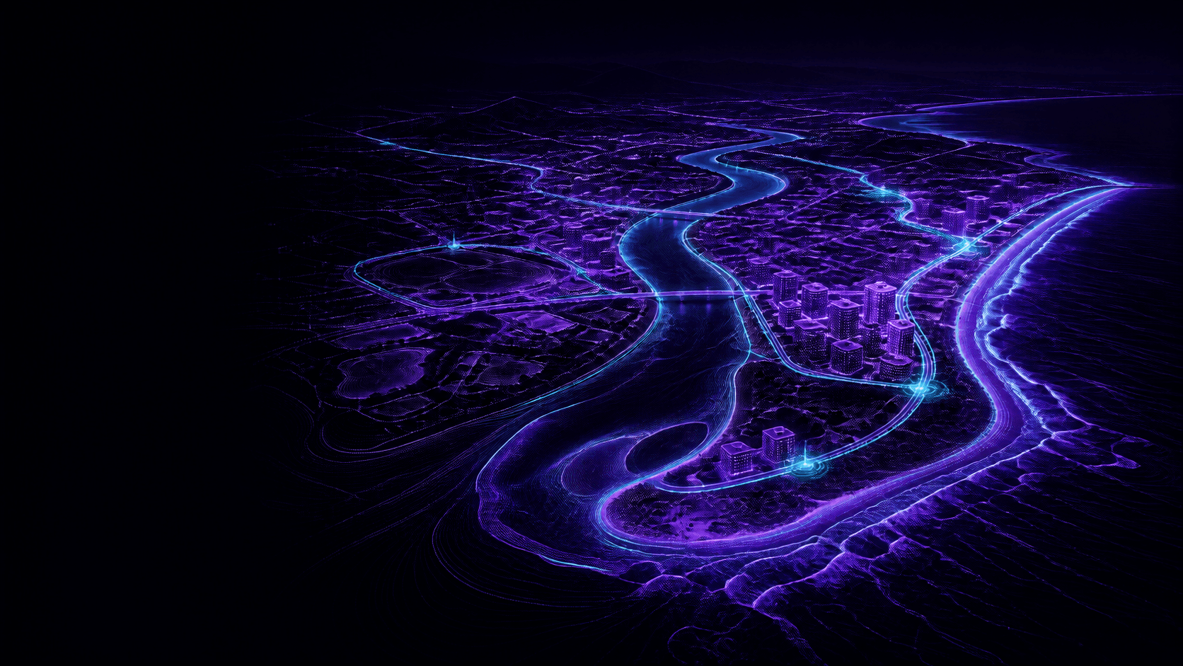 A violet and cyan digital aerial of Maroochydore, the Maroochy River and Sunshine Coast connected by illuminated data routes