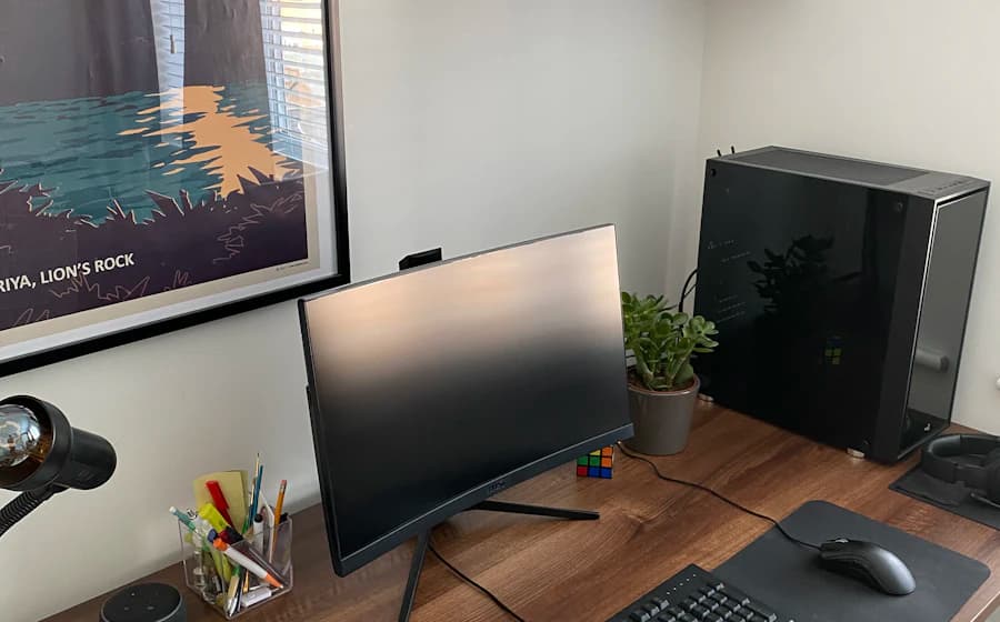A clean new desktop computer and monitor setup