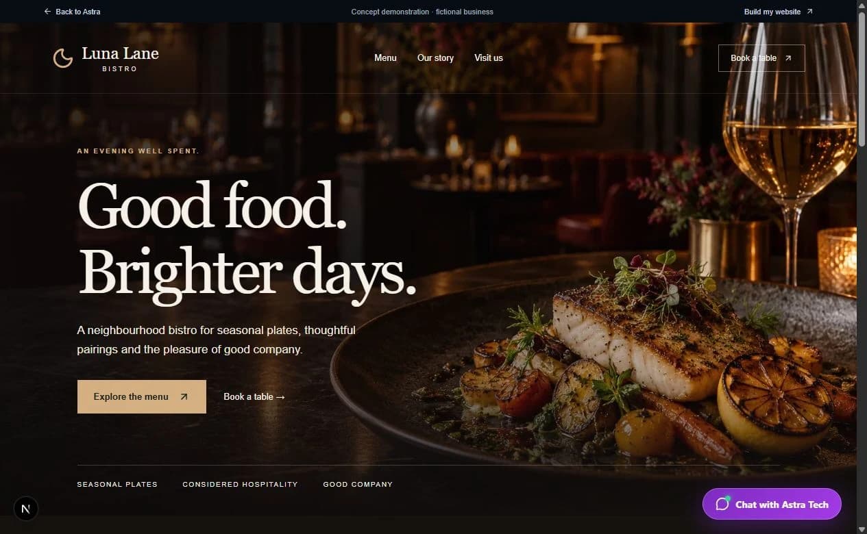 Luna Lane Bistro website with seasonal food and candlelit dining