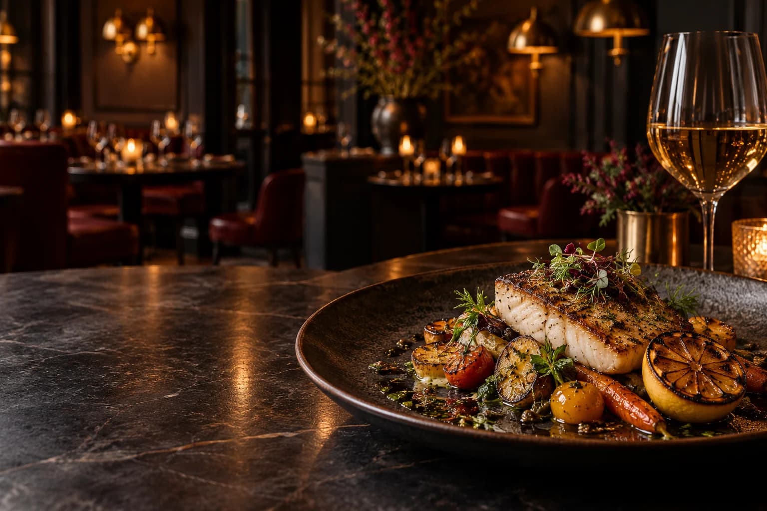 Seasonal fish served in a warm candlelit bistro