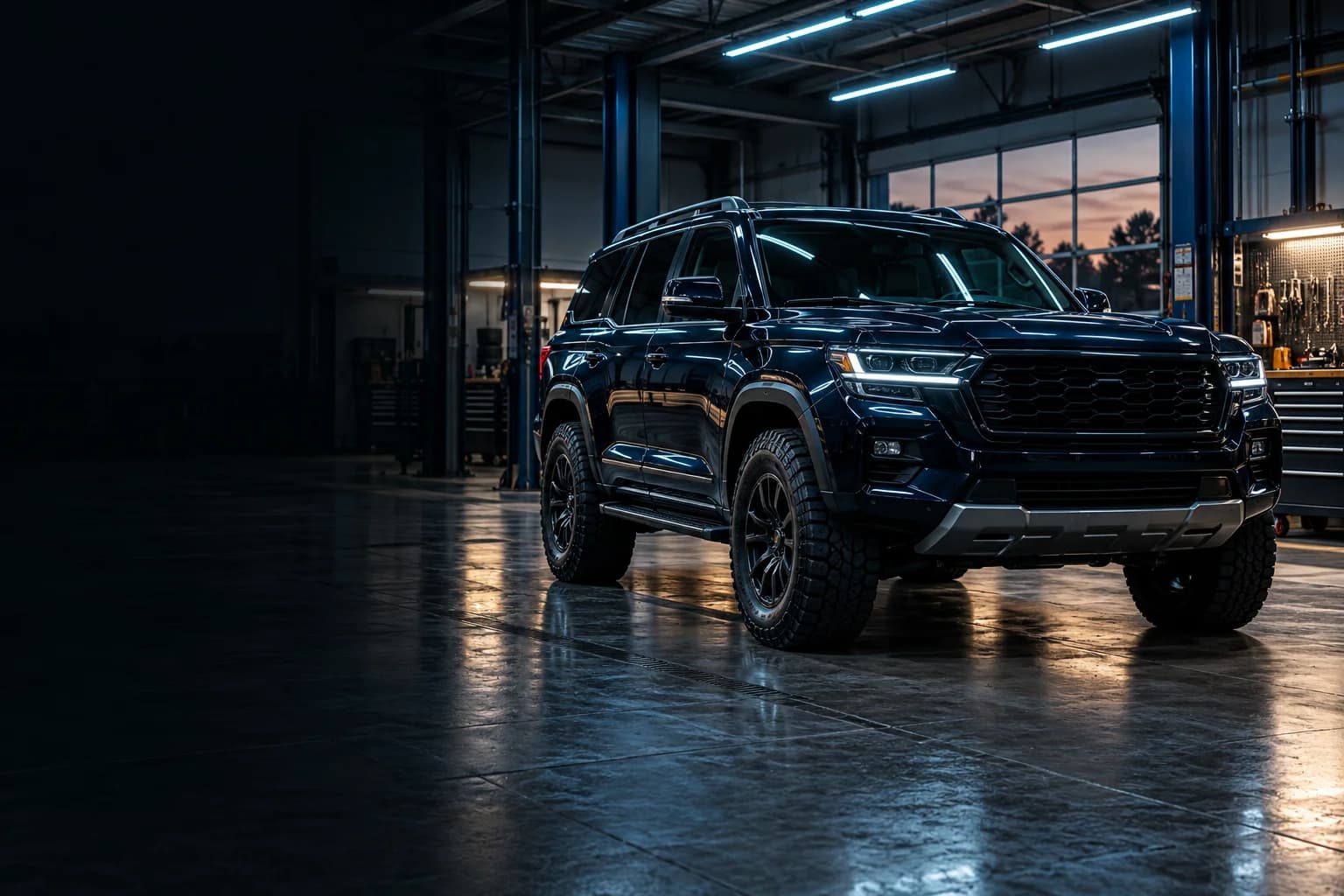 Dark SUV in a modern illuminated workshop