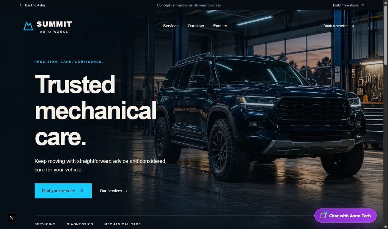 Summit Auto Works website showing a premium workshop and service information