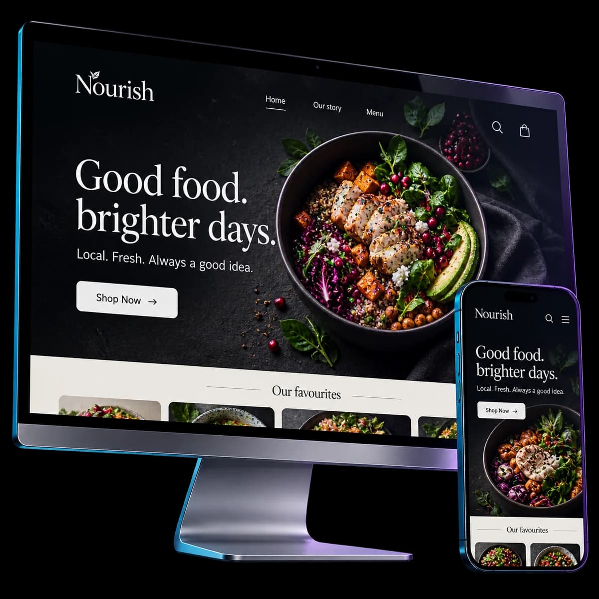 Astra’s Nourish website demo displayed on a desktop monitor and mobile phone